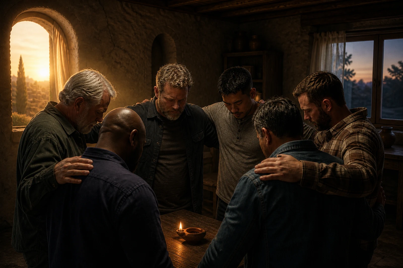 Men gathered around a table in prayer and study