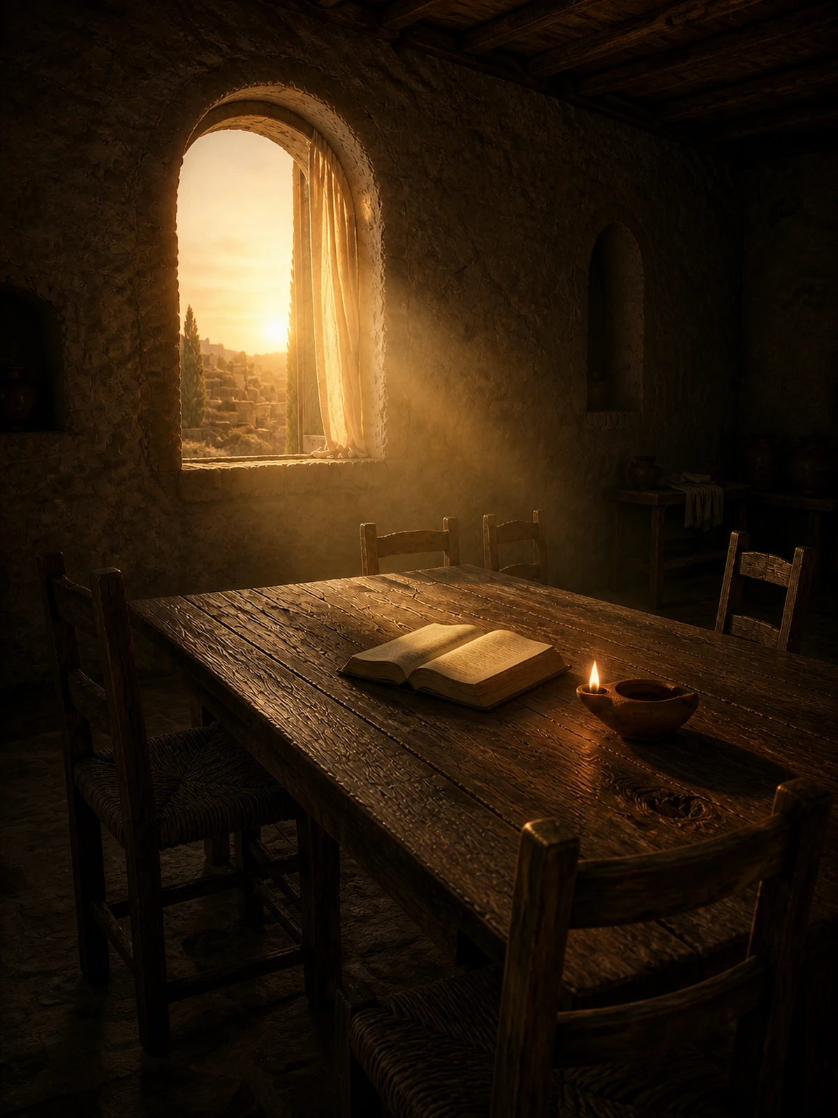 An upper room at dawn with an open Bible and an oil lamp on a long wooden table