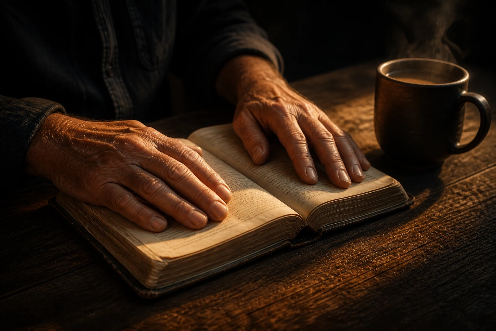 Hands resting beside an open Bible in warm morning light