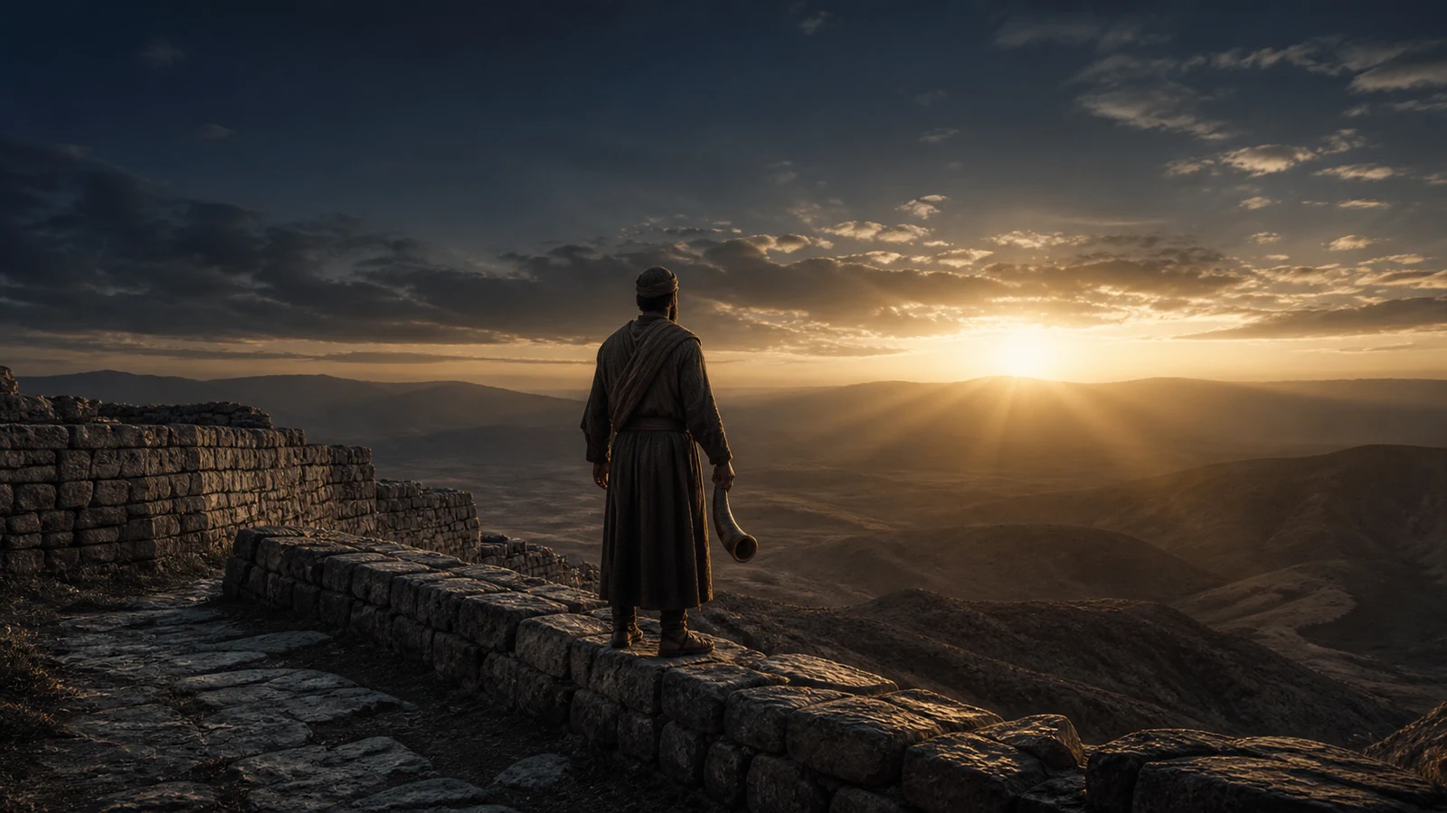 A watchman standing on an ancient wall at first light